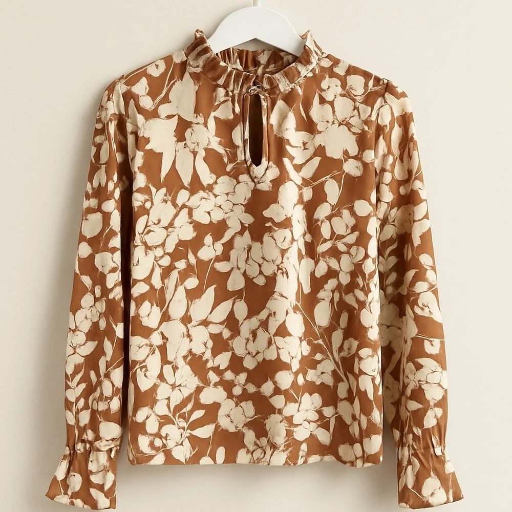 Ruffled Long Sleeve Blouse with Mandarin Collar in Brown and Orange